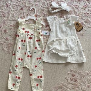 Carter’s baby girl overalls and Rabbit Bear Organic Dress, NWT, Size 12 months